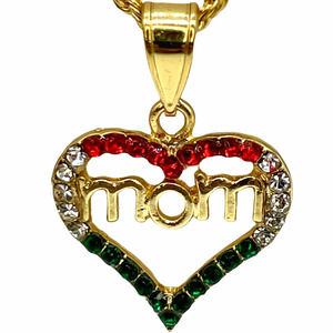 Mom Heart Pendant with Necklace 24K Gold Filled Green White Red Stones NEW